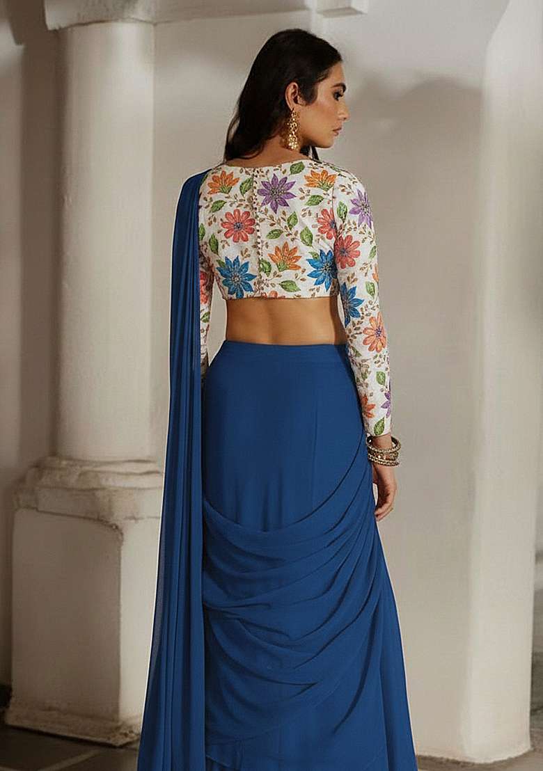 Dark Blue Embroidered Poly Blend Pre Draped Saree Set - Indya