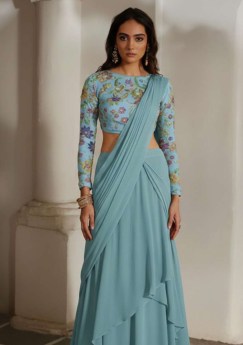 Blue Embroidered Poly Blend Pre Draped Saree Set - Indya