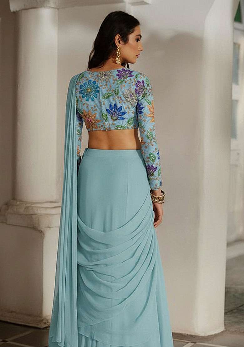 Blue Embroidered Poly Blend Pre Draped Saree Set - Indya