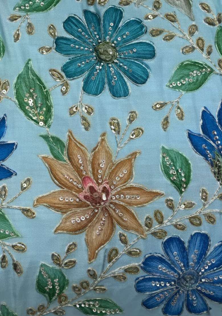 Blue Embroidered Poly Blend Pre Draped Saree Set - Indya