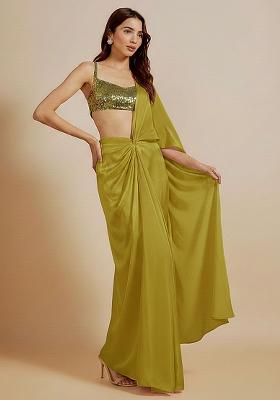 Gold Sequin Net Pre Draped Saree Set