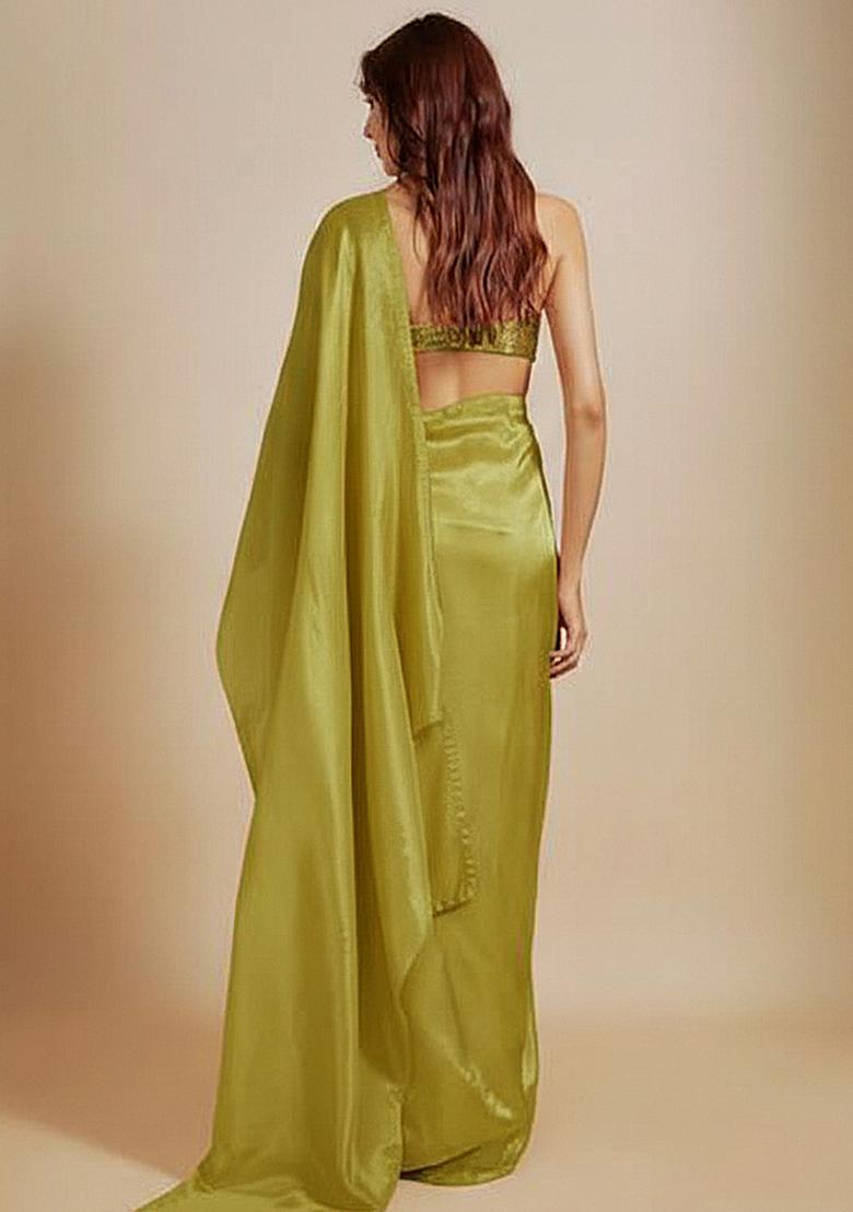 Gold Sequin Net Pre Draped Saree Set - Indya