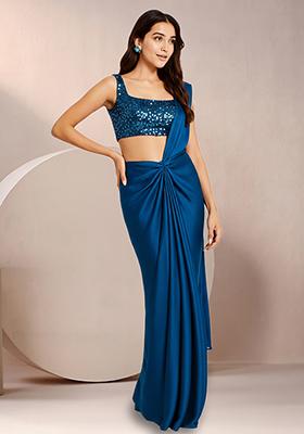 Blue Sequin Net Pre Draped Saree Set