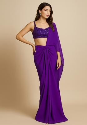 Purple Sequin Net Pre Draped Saree Set
