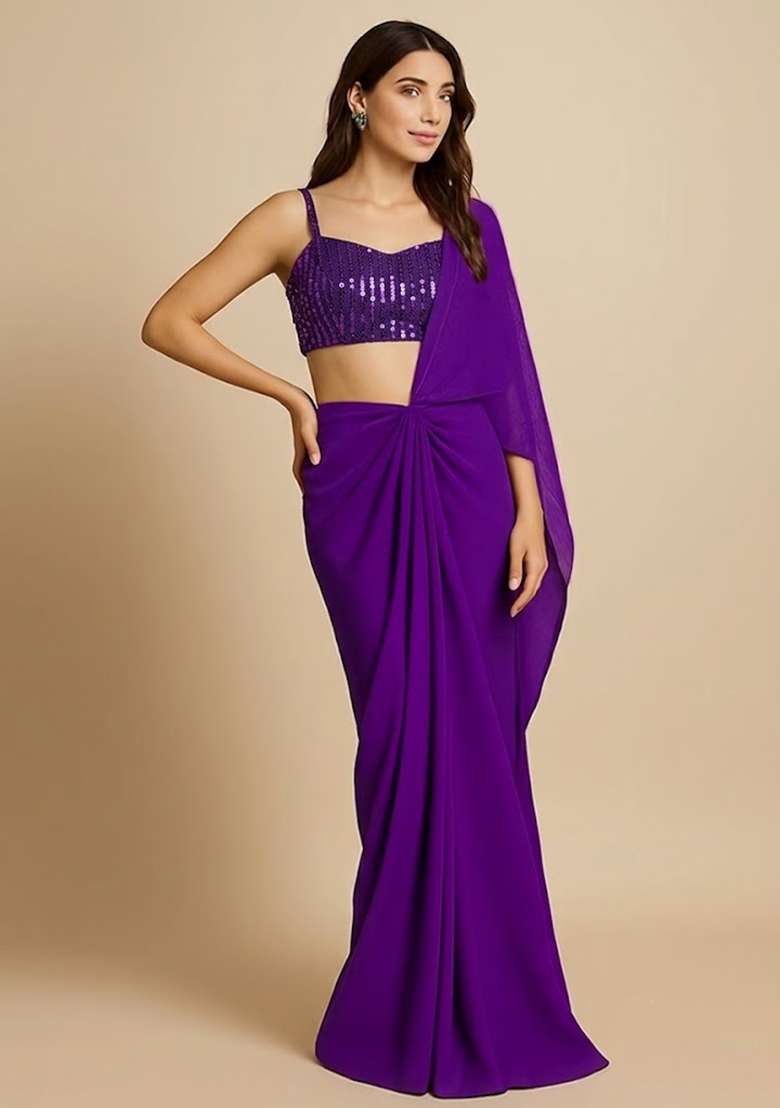 Purple Sequin Net Pre Draped Saree Set for Diwali and Festive Wear - Indya