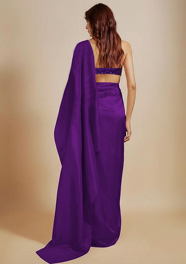 Purple Sequin Net Pre Draped Saree Set - Indya