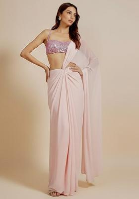 Pink Sequin Net Pre Draped Saree Set