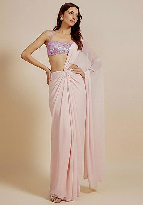 Pink Sequin Net Pre Draped Saree Set