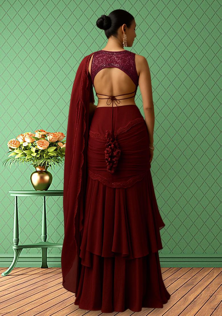 Red Sequin Net Pre Draped Saree Set - Indya