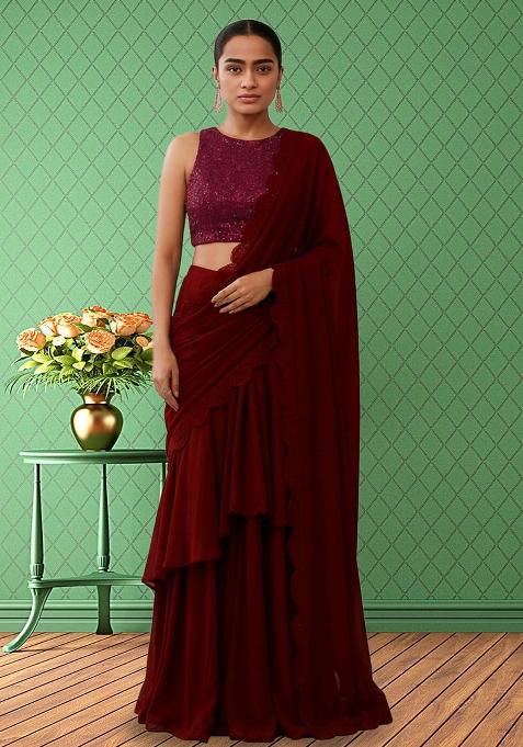 Red Sequin Net Pre Draped Saree Set