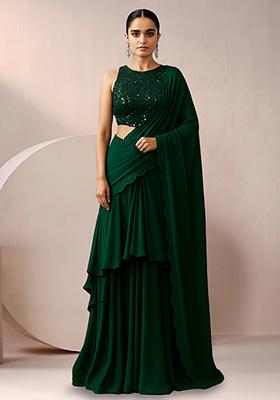 Green Sequin Net Pre Draped Saree Set