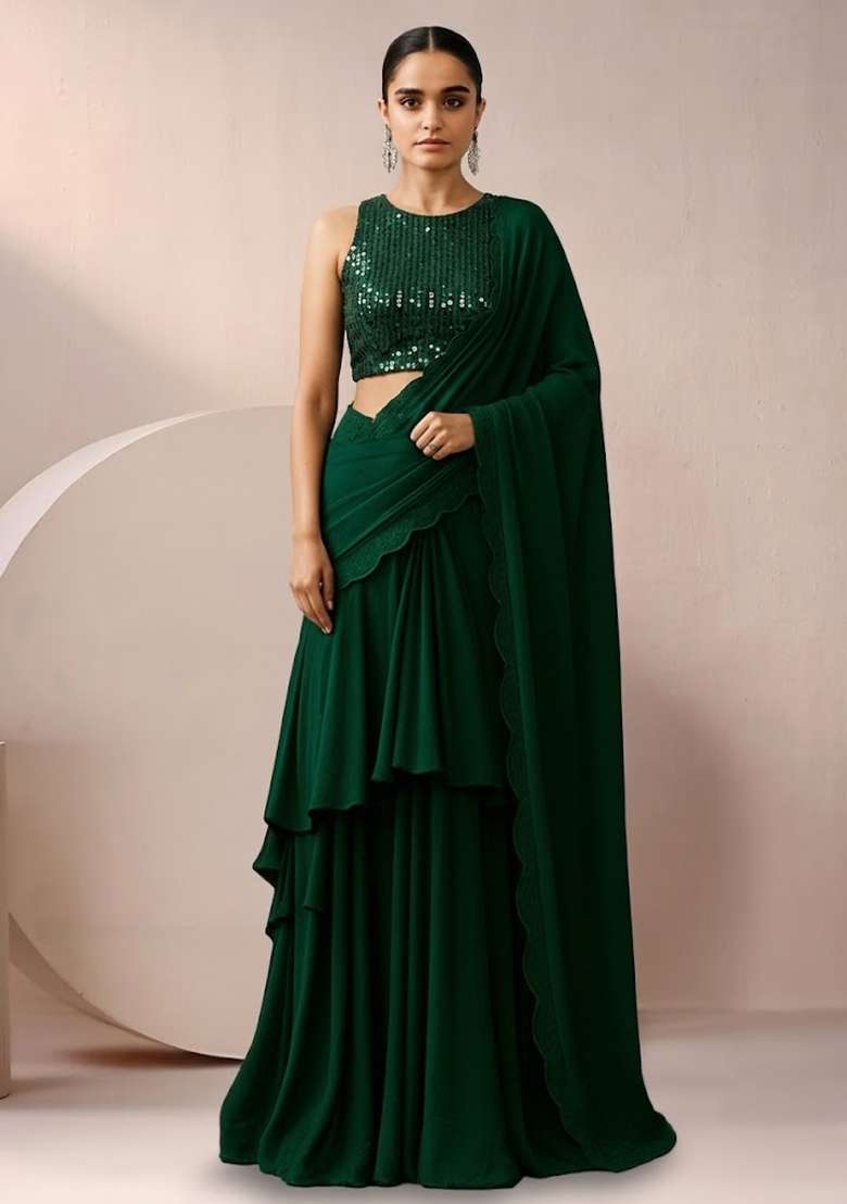 Green Sequin Net Pre Draped Saree Set - Indya