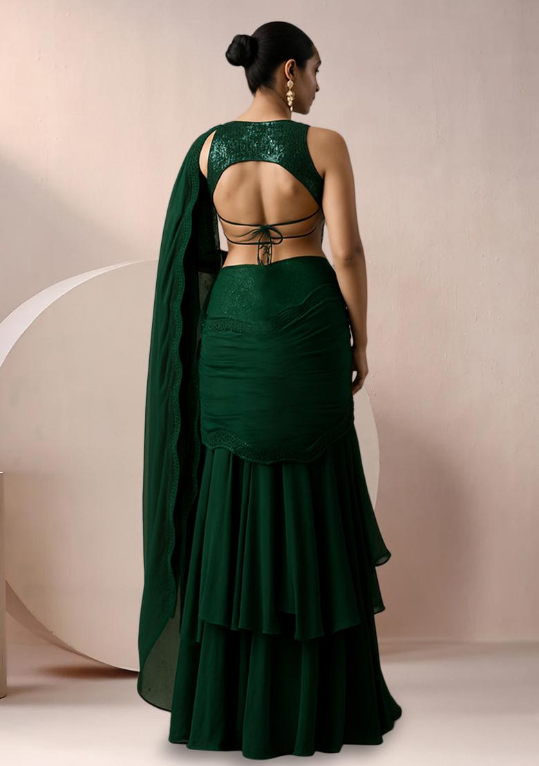 Green Sequin Net Pre Draped Saree Set - Indya