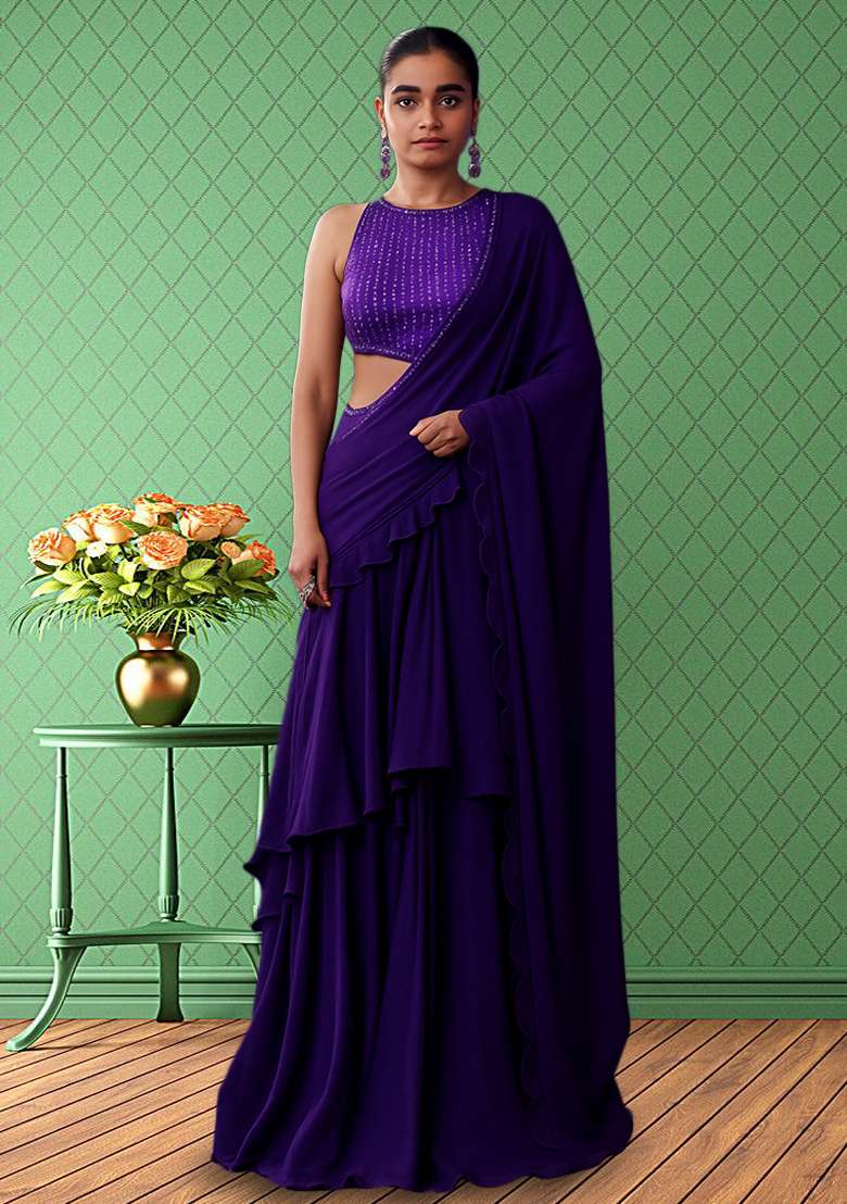 Purple Net Pre Draped Saree Set with Sequin for Diwali | Wedding & Festive Wear - Indya