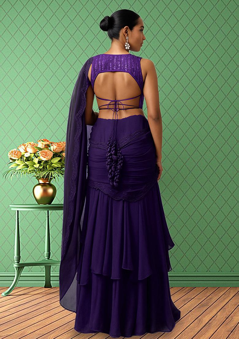 Purple Sequin Net Pre Draped Saree Set - Indya