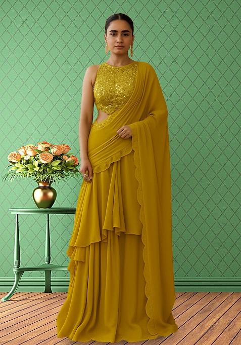 Yellow Sequin Net Pre Draped Saree Set