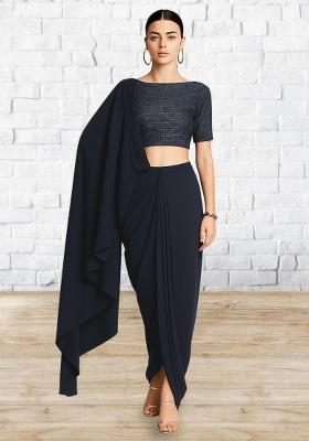 Navy Blue Solid Lycra Fusion Set