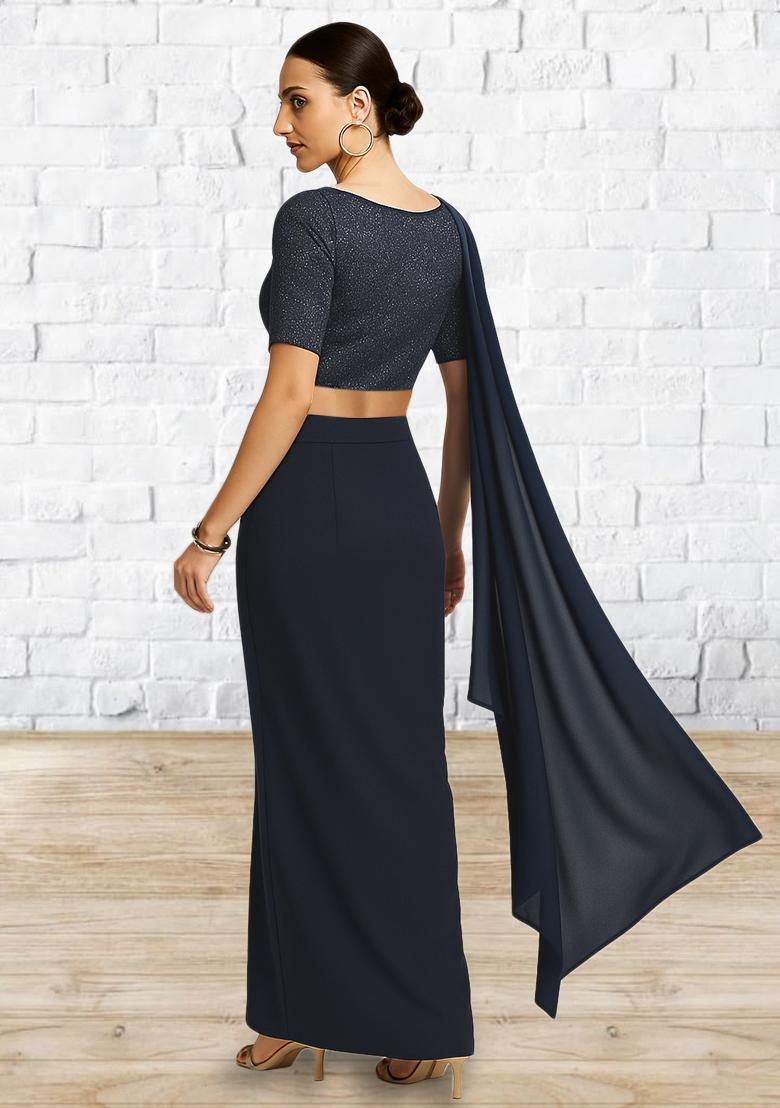 Navy Blue Solid Lycra Fusion Set - Indya