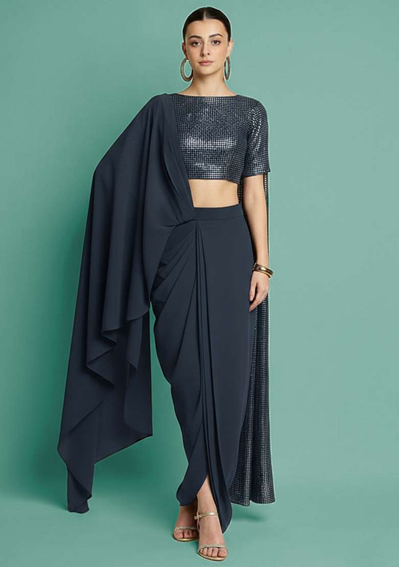 Dark Grey Solid Lycra Fusion Set for Diwali | Wedding & Festive Wear - Indya