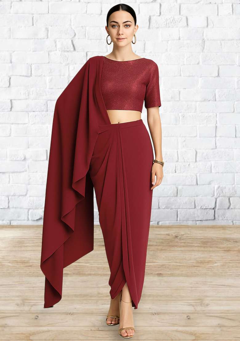 Deep Red Solid Lycra Fusion Set for Diwali and Festive Wear - Indya