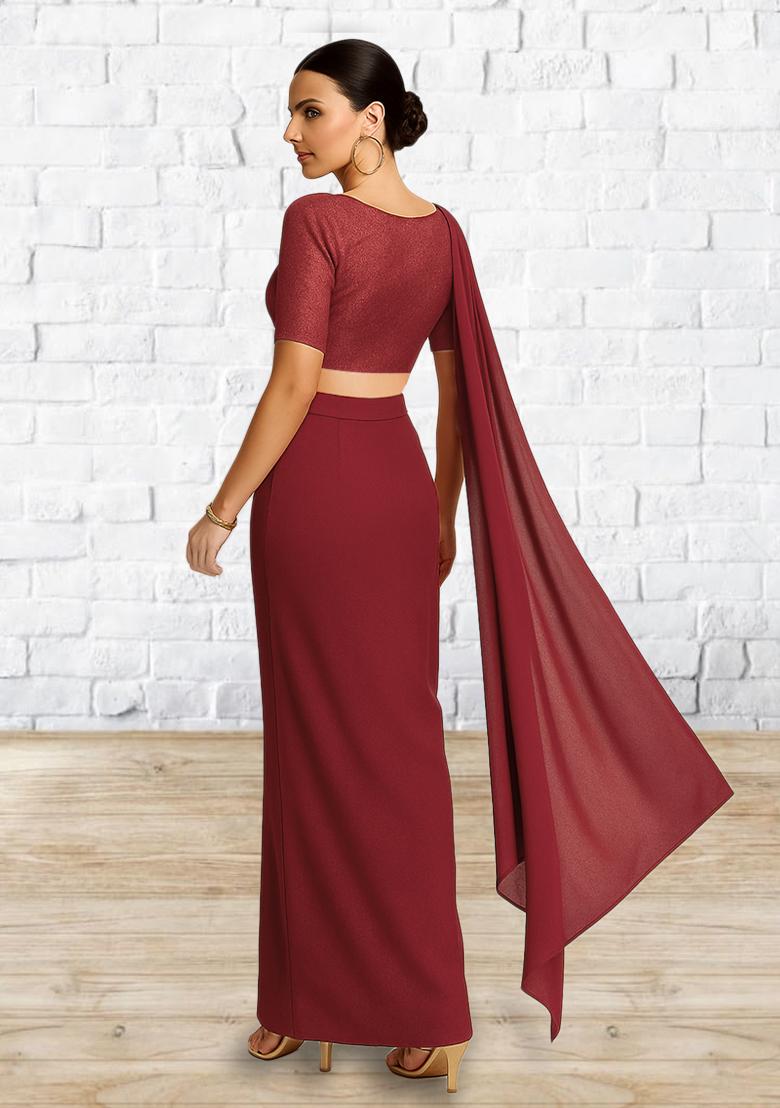 Deep Red Solid Lycra Fusion Set - Indya