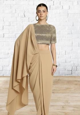 Beige Solid Lycra Fusion Set