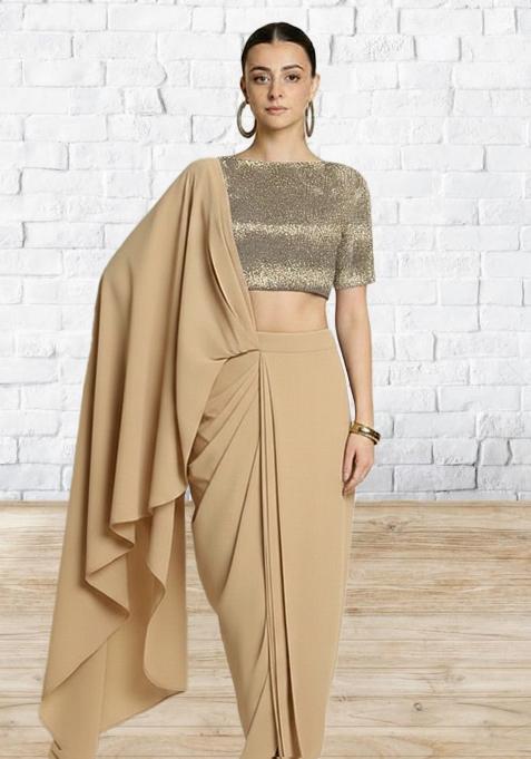 Beige Solid Lycra Fusion Set