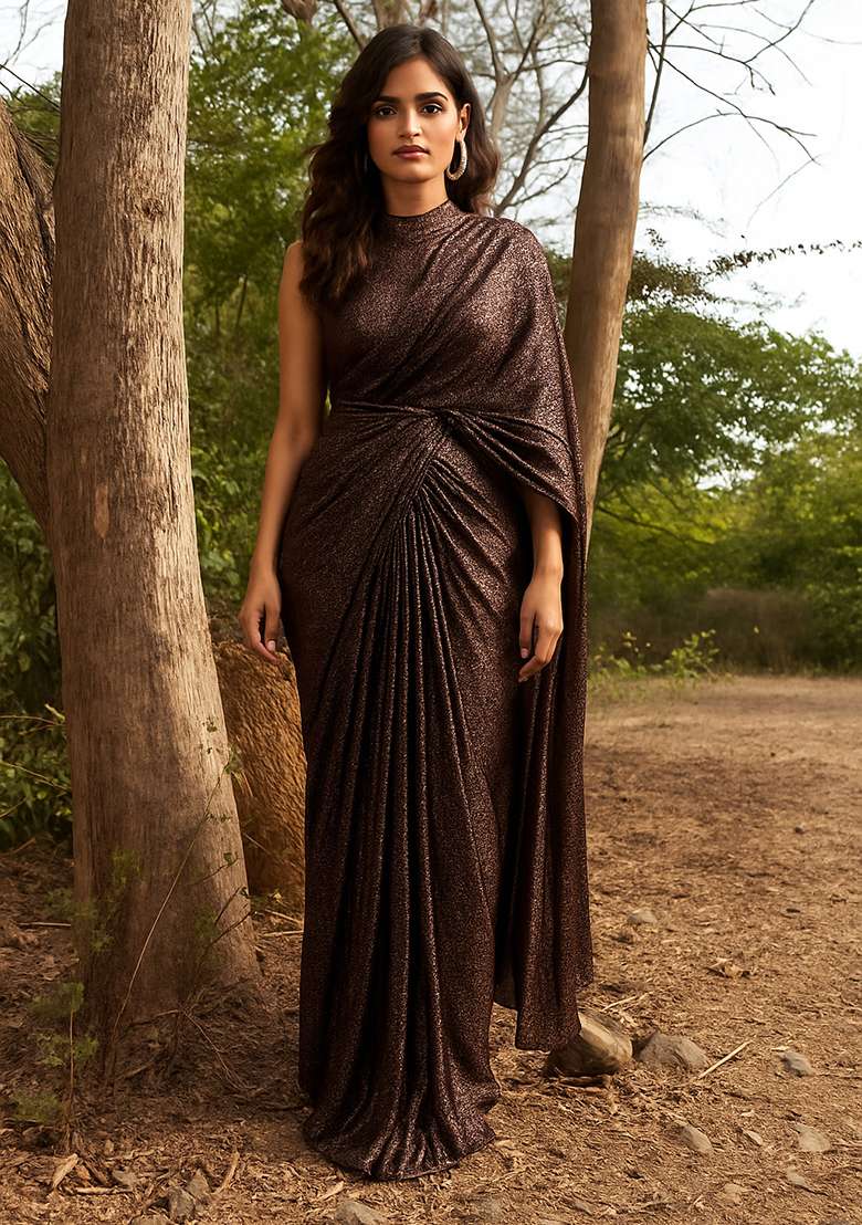 Dark Brown Sequin Lycra Pre Draped Saree Set - Indya