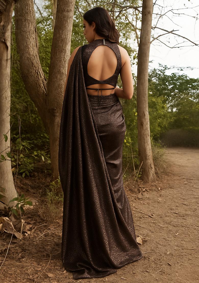 Dark Brown Sequin Lycra Pre Draped Saree Set - Indya