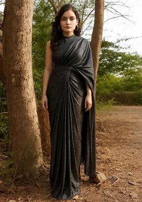 Charcoal Grey Sequin Lycra Pre Draped Saree Set