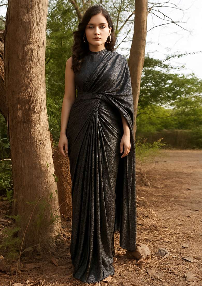 Charcoal Grey Sequin Lycra Pre Draped Saree Set - Indya