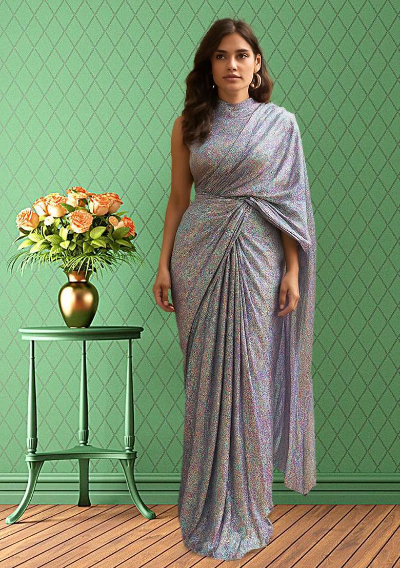 Silver Grey Sequin Lycra Pre Draped Saree Set - Indya