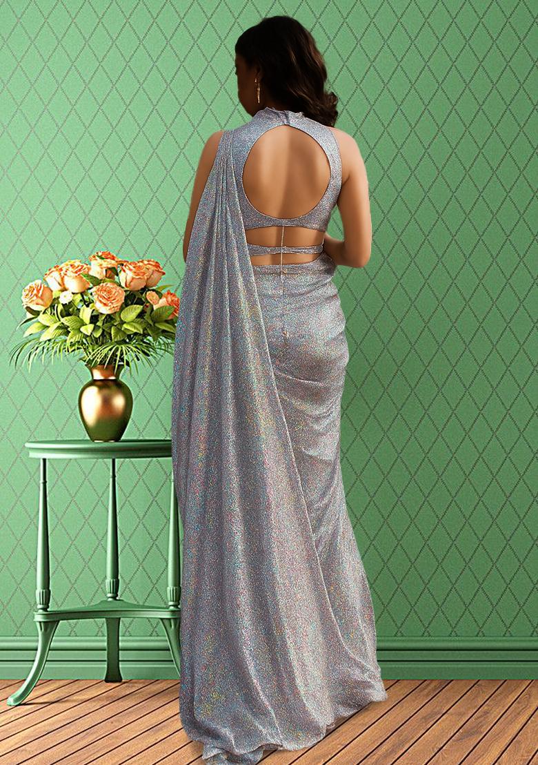 Silver Grey Sequin Lycra Pre Draped Saree Set - Indya