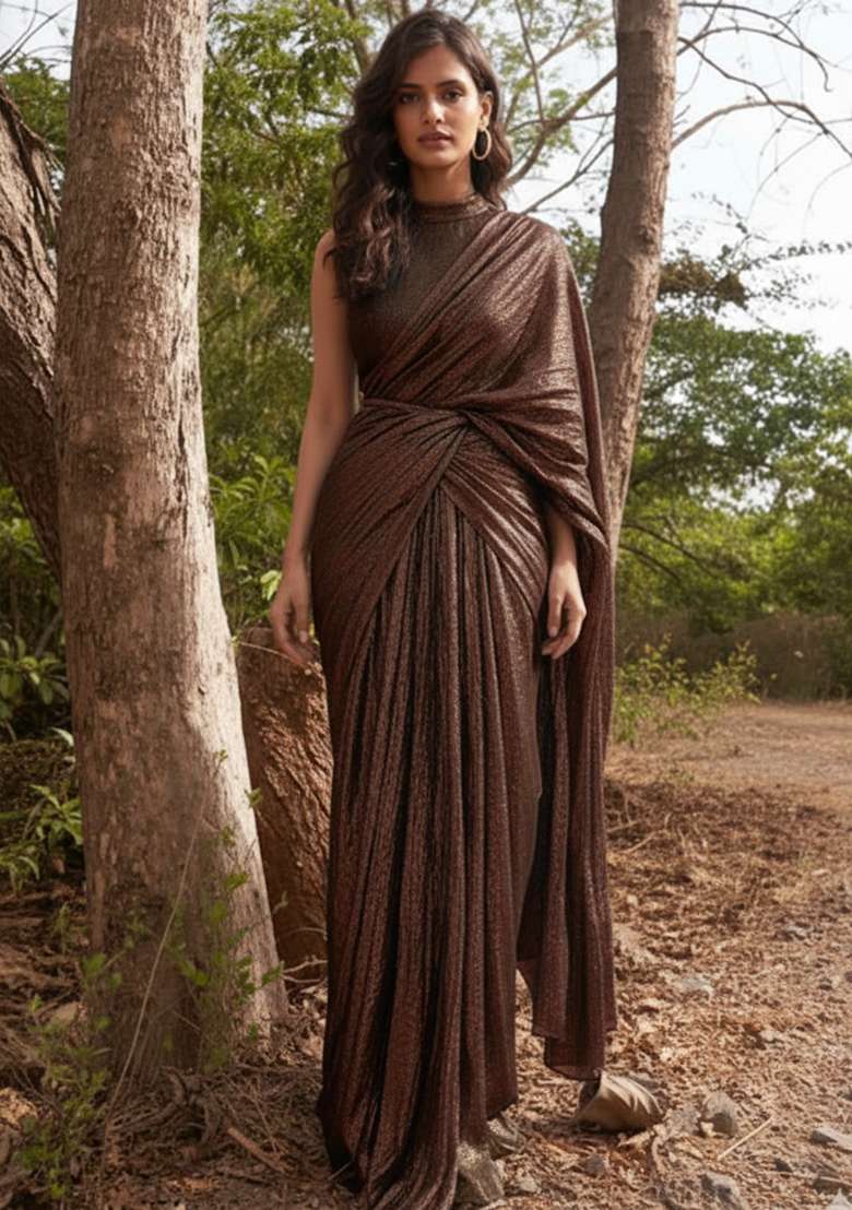 Brown Sequin Lycra Pre Draped Saree Set - Indya