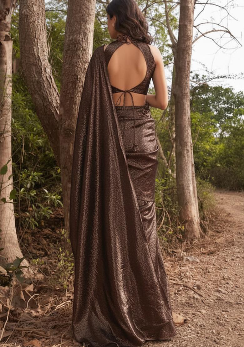 Brown Sequin Lycra Pre Draped Saree Set - Indya