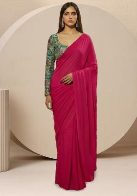 Pink Solid Poly blend Pre Draped Saree Set