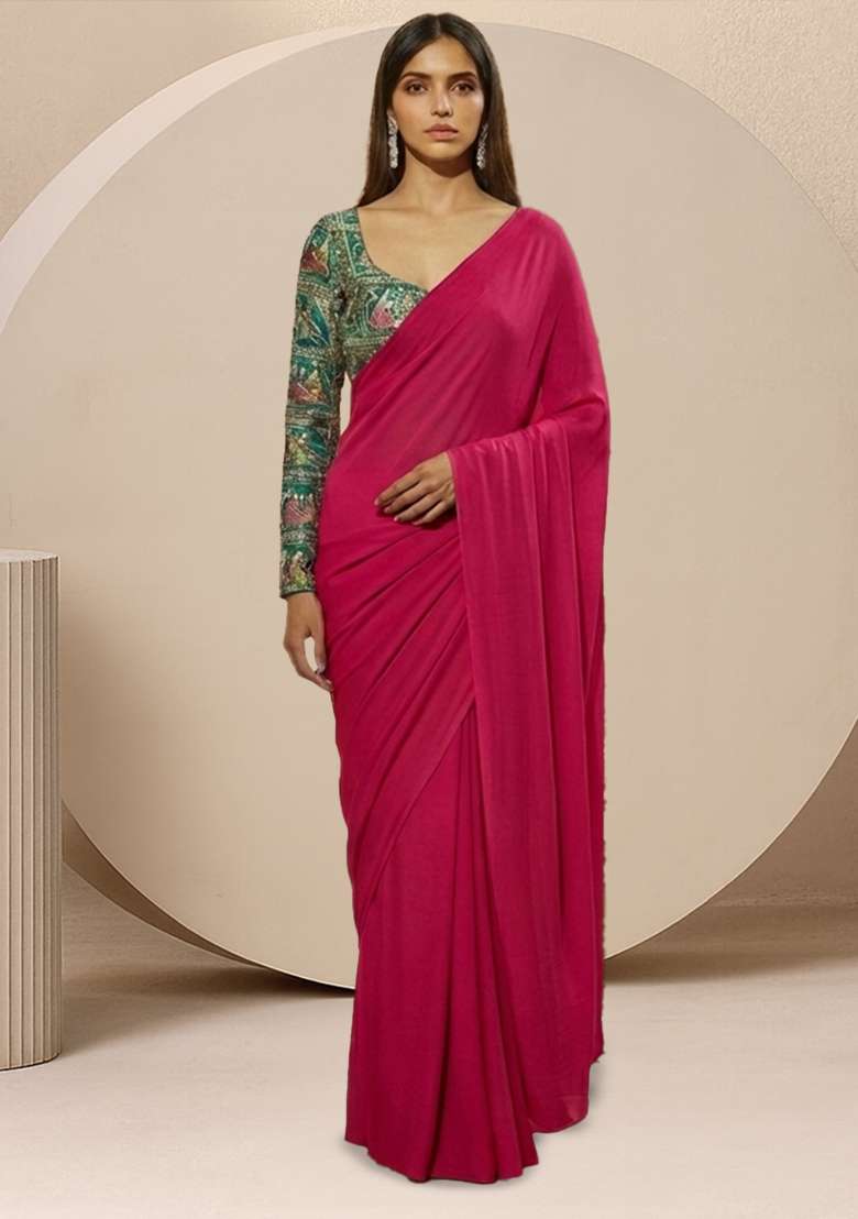 Pink Solid Poly blend Pre Draped Saree Set for Diwali and Festive Wear - Indya