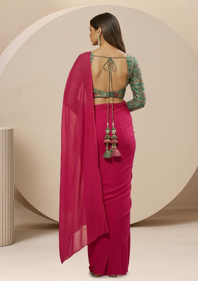 Pink Solid Poly blend Pre Draped Saree Set - Indya