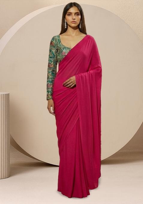Pink Solid Poly blend Pre Draped Saree Set