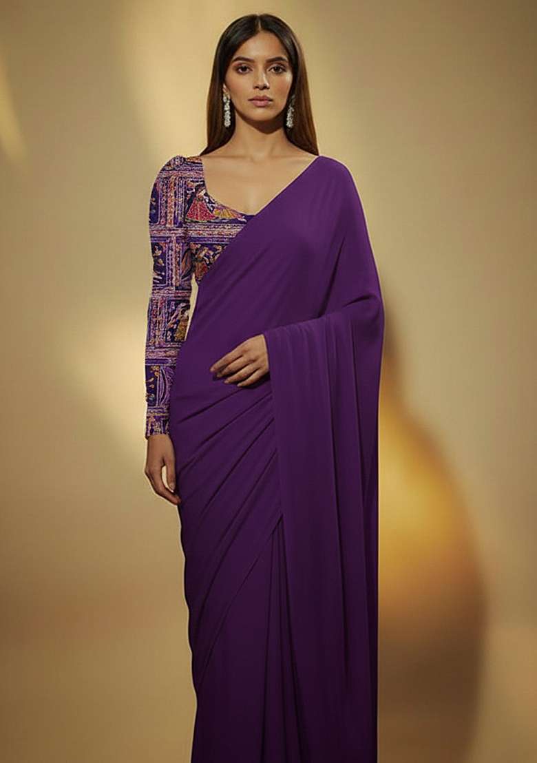 Purple Solid Poly blend Pre Draped Saree Set for Diwali | Wedding & Festive Wear - Indya