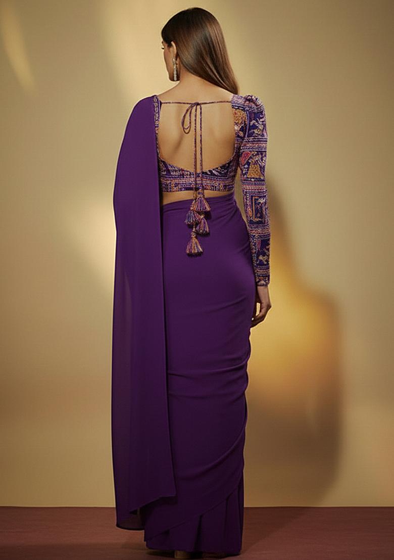 Purple Solid Poly blend Pre Draped Saree Set - Indya