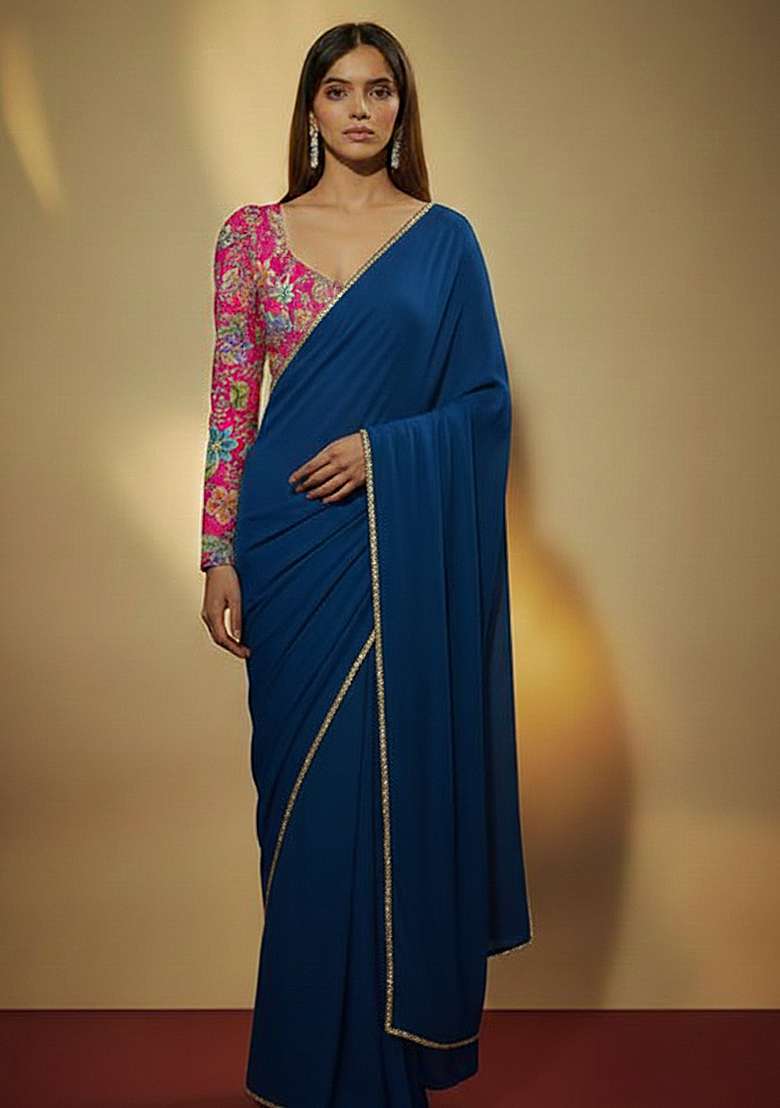 Blue Solid Crepe Pre Draped Saree Set for Diwali | Wedding & Festive Wear - Indya