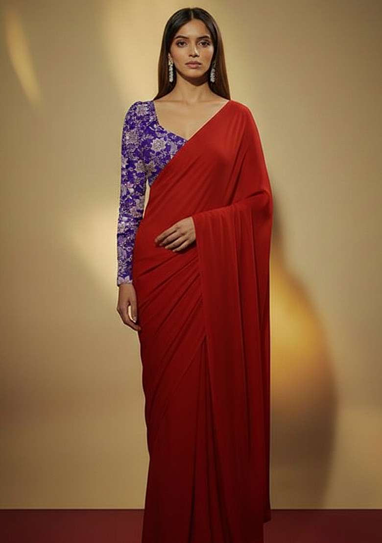 Red Solid Crepe Pre Draped Saree Set for Diwali | Wedding & Festive Wear - Indya