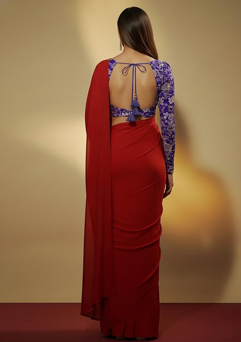 Red Solid Crepe Pre Draped Saree Set - Indya