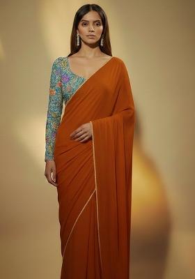 Orange Solid Crepe Pre Draped Saree Set