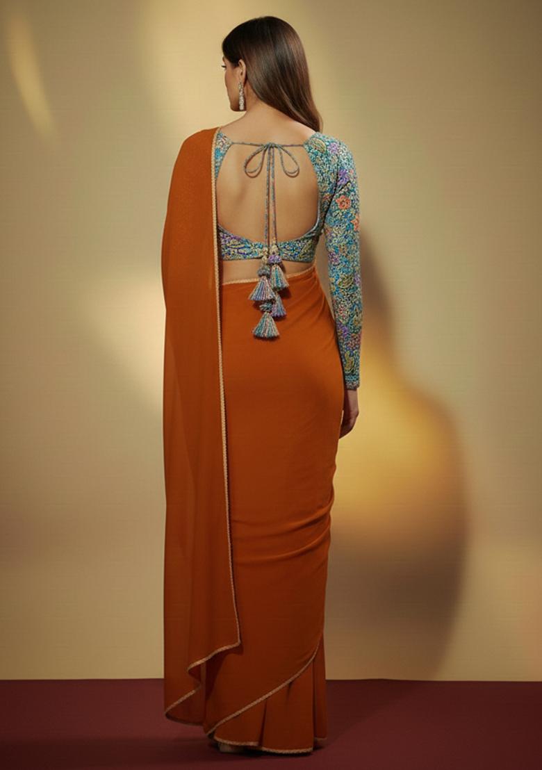 Orange Solid Crepe Pre Draped Saree Set - Indya