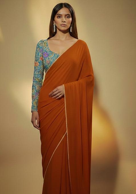 Orange Solid Crepe Pre Draped Saree Set