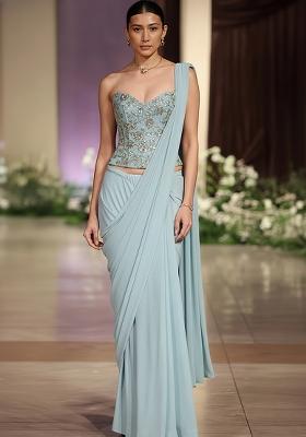 Blue Embroidered Silk Pre Draped Saree Set