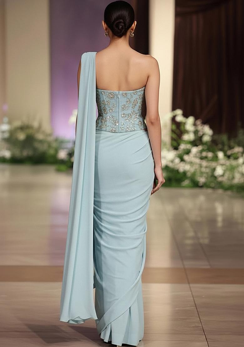 Blue Embroidered Silk Pre Draped Saree Set - Indya