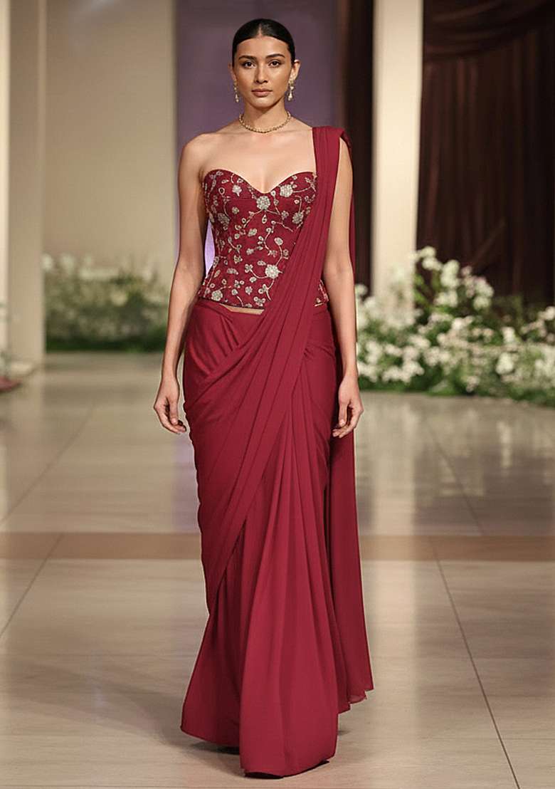Red Embroidered Silk Blend Corset Blouse Pre Draped Saree Set - Indya